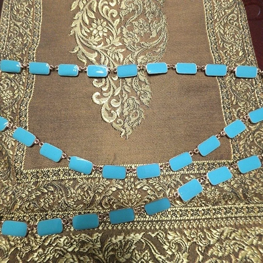Top It Off Blue Enamel Layered Necklace Gold Tone Rectangle Station Jewelry